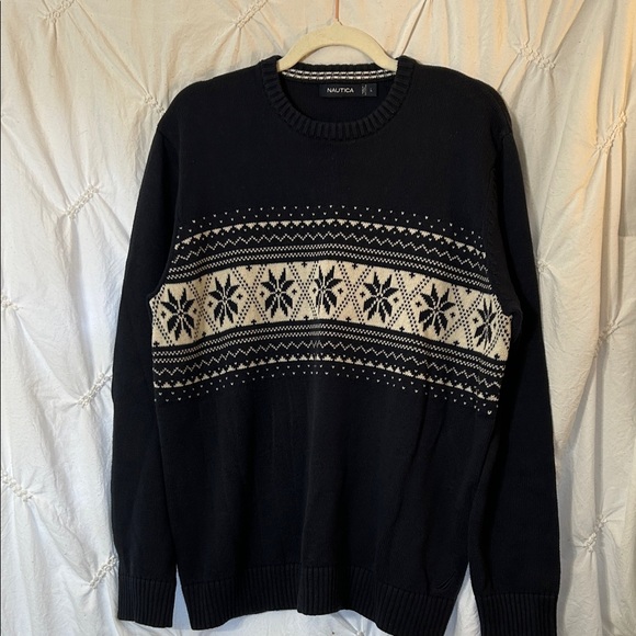 Nautica Men's Navy Sweater with Cream Nordic Design-size large - Picture 2 of 4